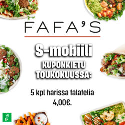 (FAFA’S) S-mobiilissa toukokuussa 5 harissa falafelia 4,00€, norm 5,90€​…